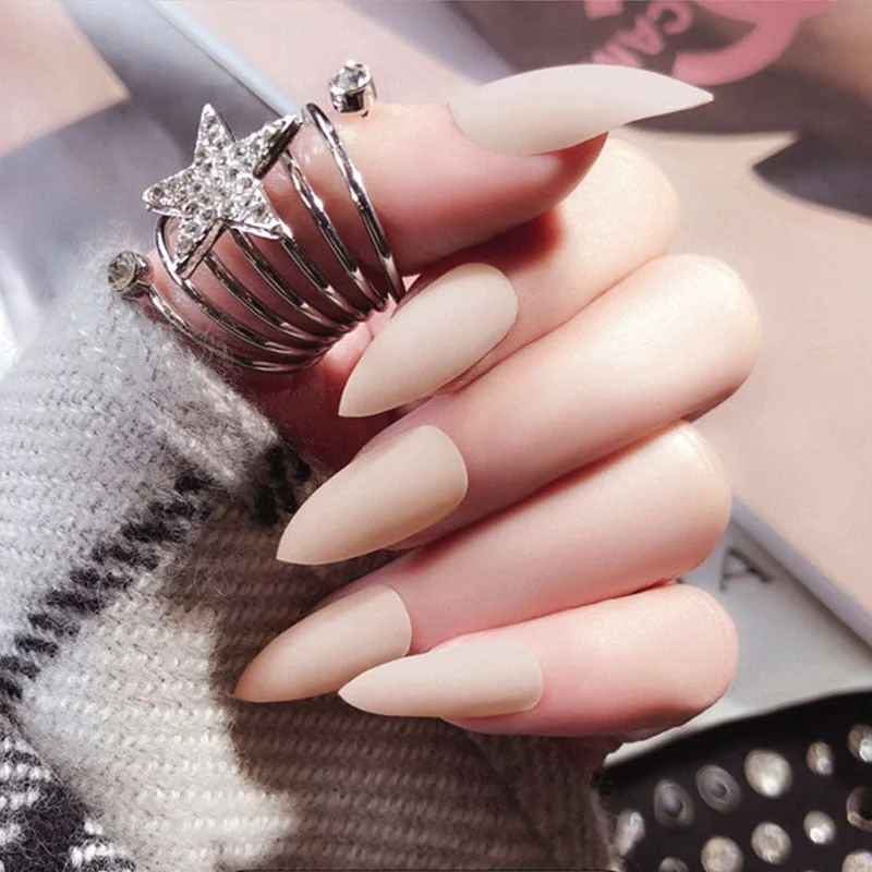 24Pcs Full Cover Pointed Head Scrub Temperament white matte false nails Wearable Stiletto Fake press on Nail with Glue for gils-Nail Inspo