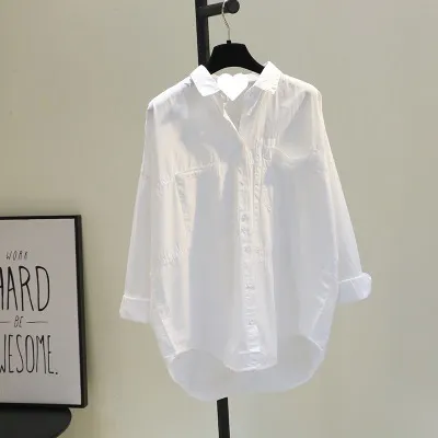 Uveng Uveng Cotton Single-Dnecked Collar Long Shirt In Pure Color White Loose Long-Sleeved Shirt For Women
