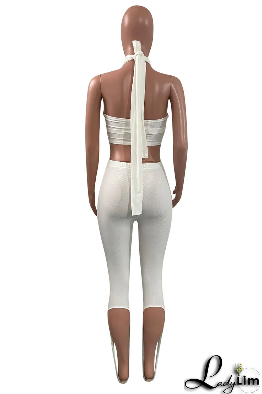 White Fashion Sexy Solid Bandage Backless Asymmetrical Halter Sleeveless Two Pieces