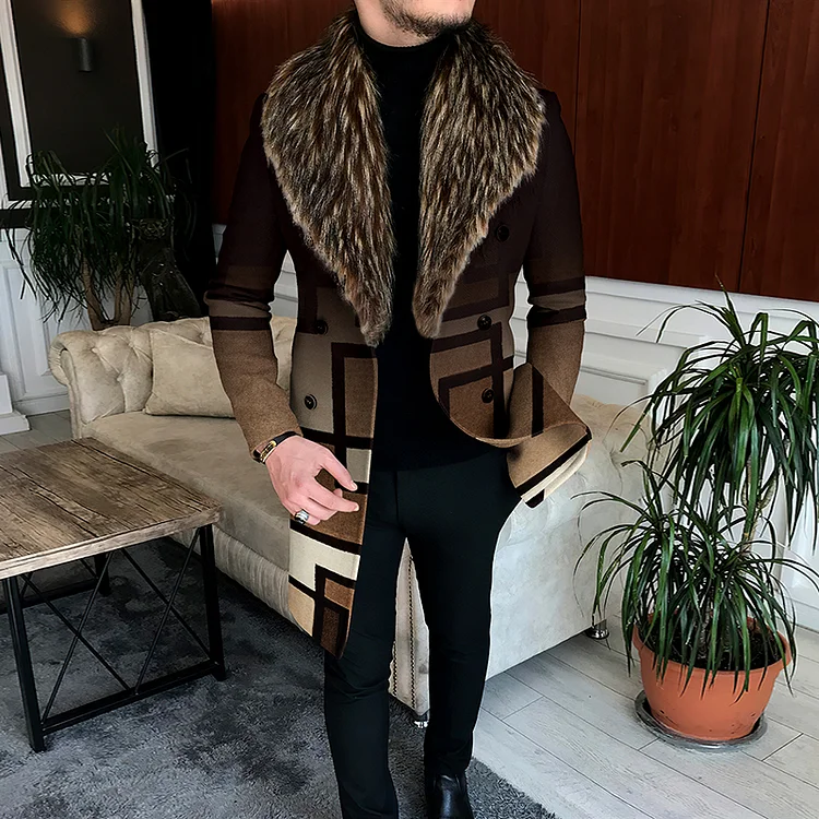 Broswear Trendy Brown Geometric Gradient Detachable Fur Collar Coat