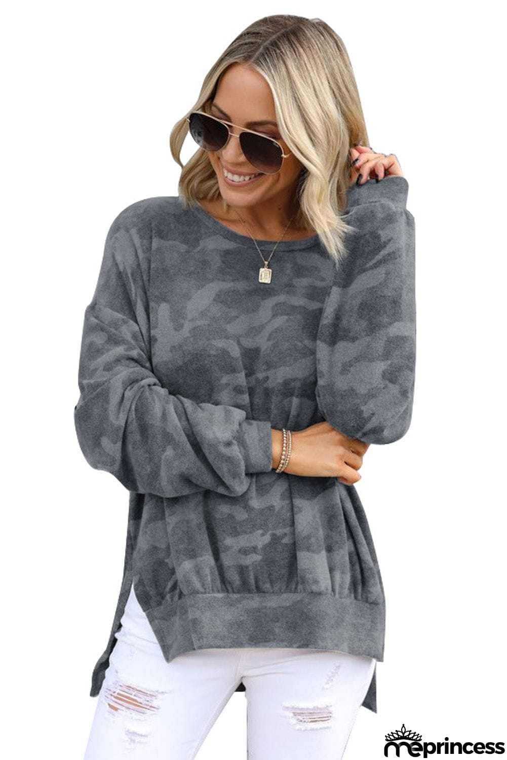 High-low Edge Camo Print Sweatshirt