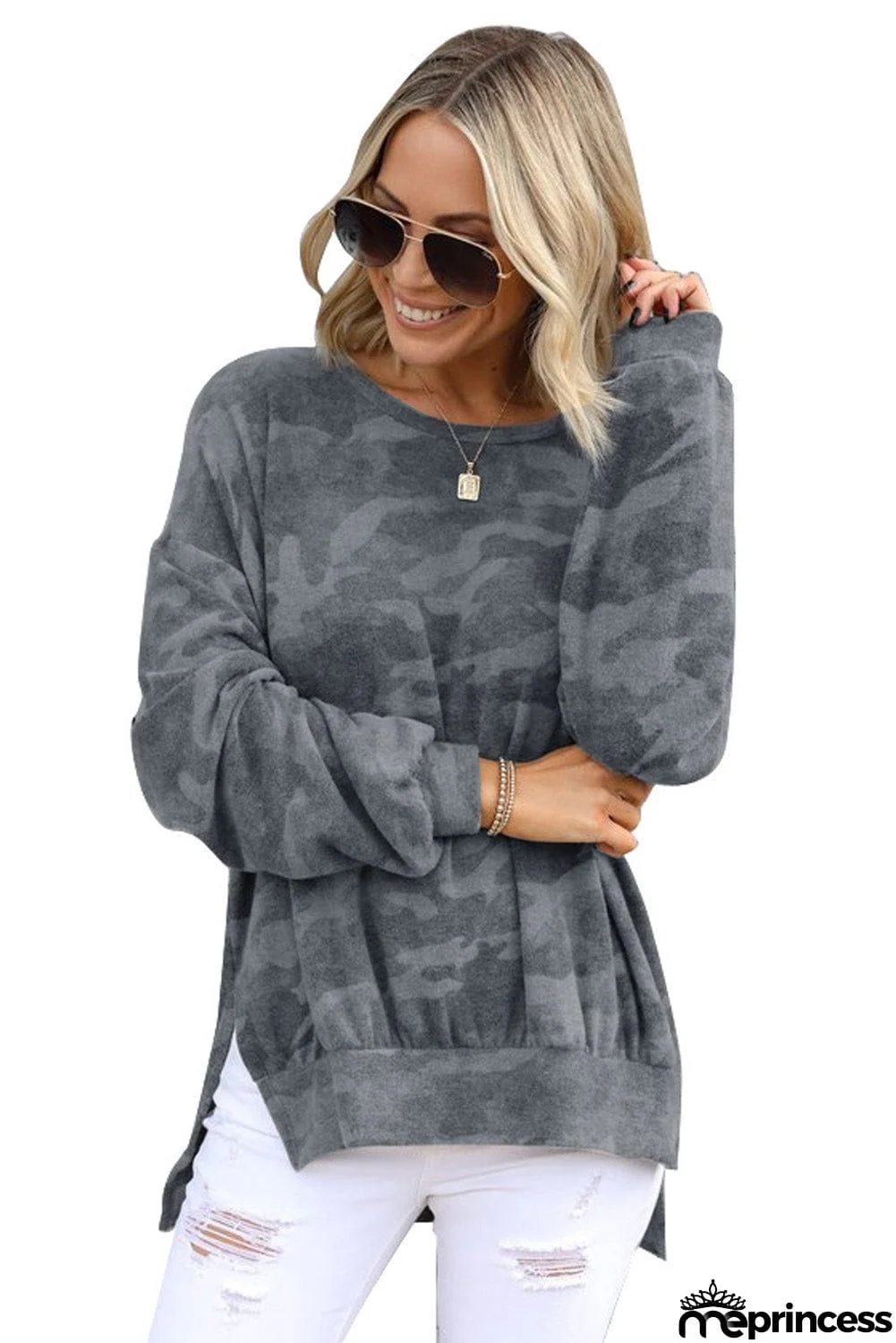 High-low Edge Camo Print Sweatshirt