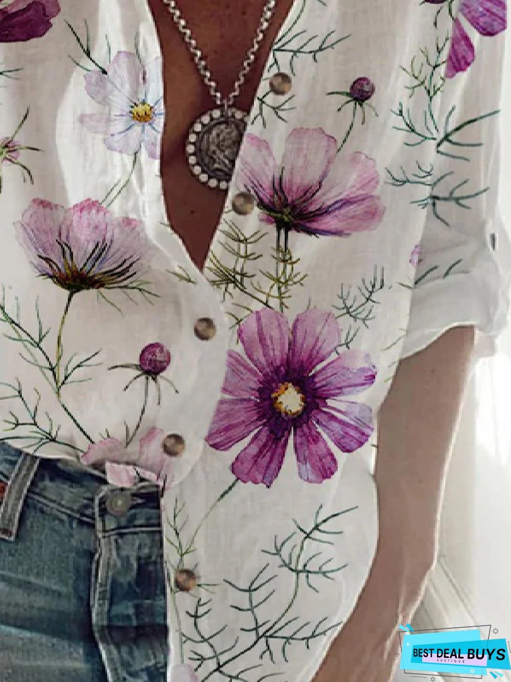 Casual Floral Loose Stand Collar Long Sleeve Blouse