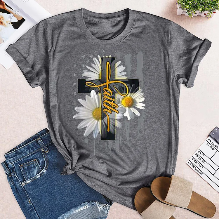 Faith Cross Casual Cross Daisy US Flag Floral T-Shirt Tee --Annaletters