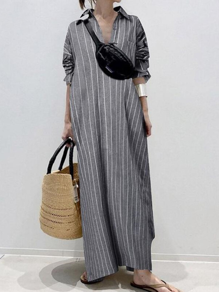 Summer Fashion Lapel Temperament Striped Loose Cotton Linen Cardigan Shirt Maxi Dress