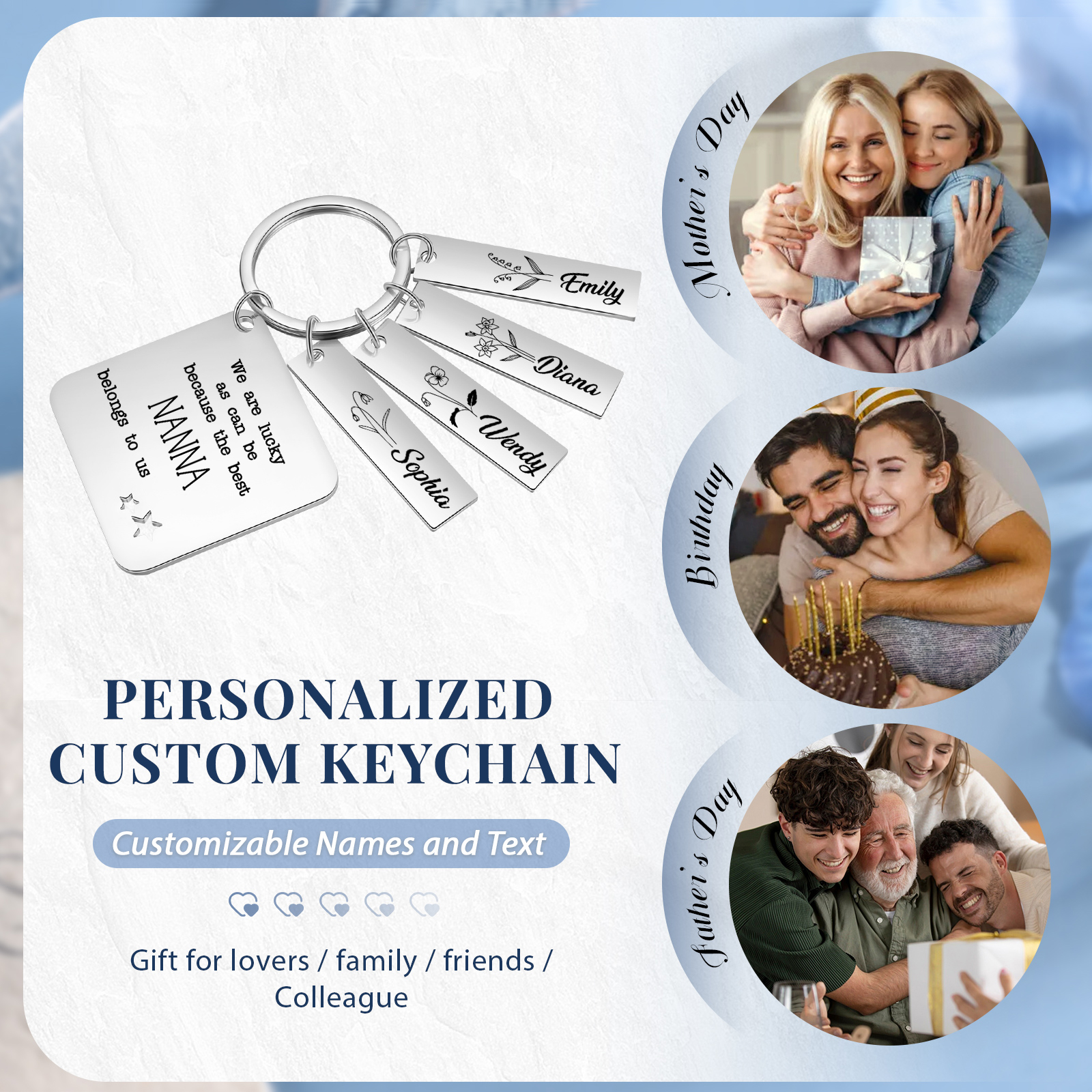 Personalised 4 Names & 4 Birth Flowers Keychain Custom Text Family Keychain Gifts for Mother/Grandma-Jessemade AU