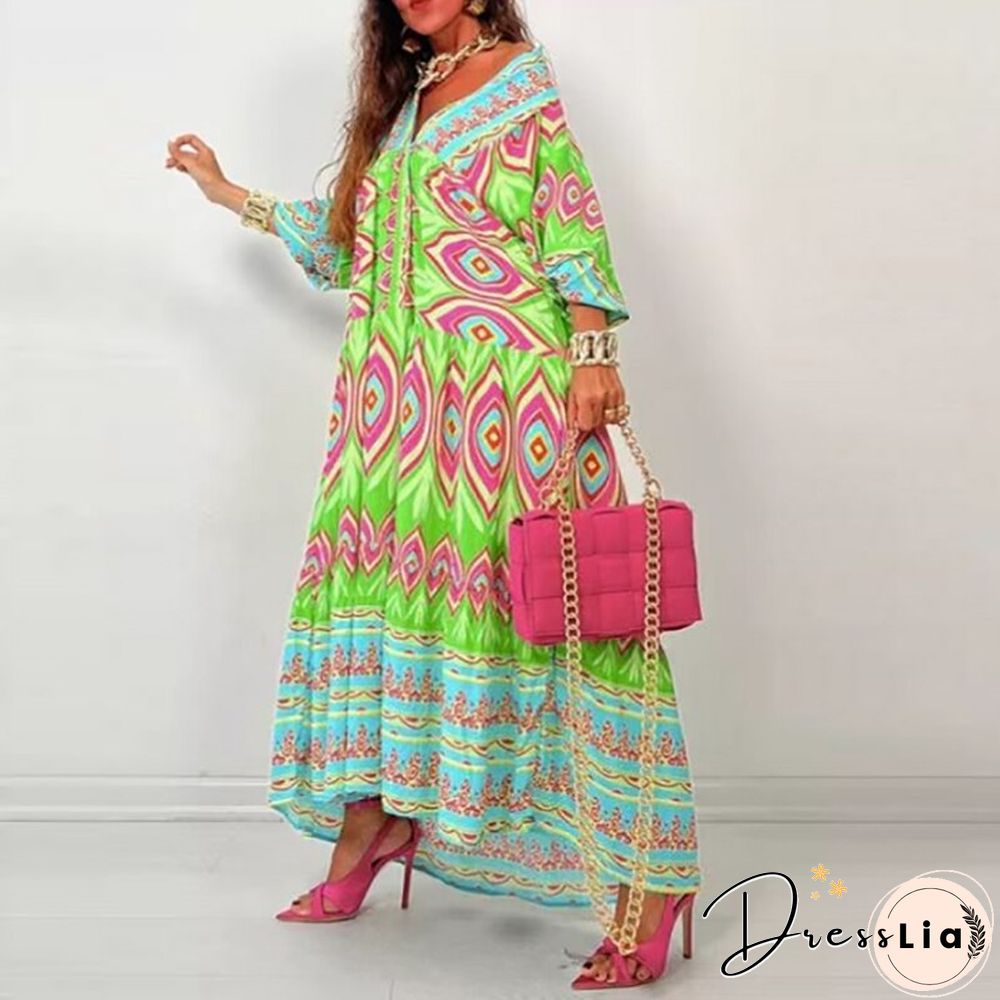 Women Vintage Bohemian Printed Long Dress Autumn Casual Half Sleeve V Neck Loose Dress Ladies Fashion Draped Big Hem Dresses New