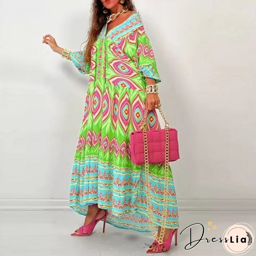 Women Vintage Bohemian Printed Long Dress Autumn Casual Half Sleeve V Neck Loose Dress Ladies Fashion Draped Big Hem Dresses New