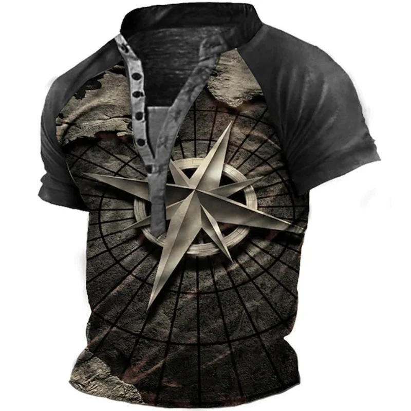 Men's Retro Compass Print Short Sleeve Henley T-shirt 