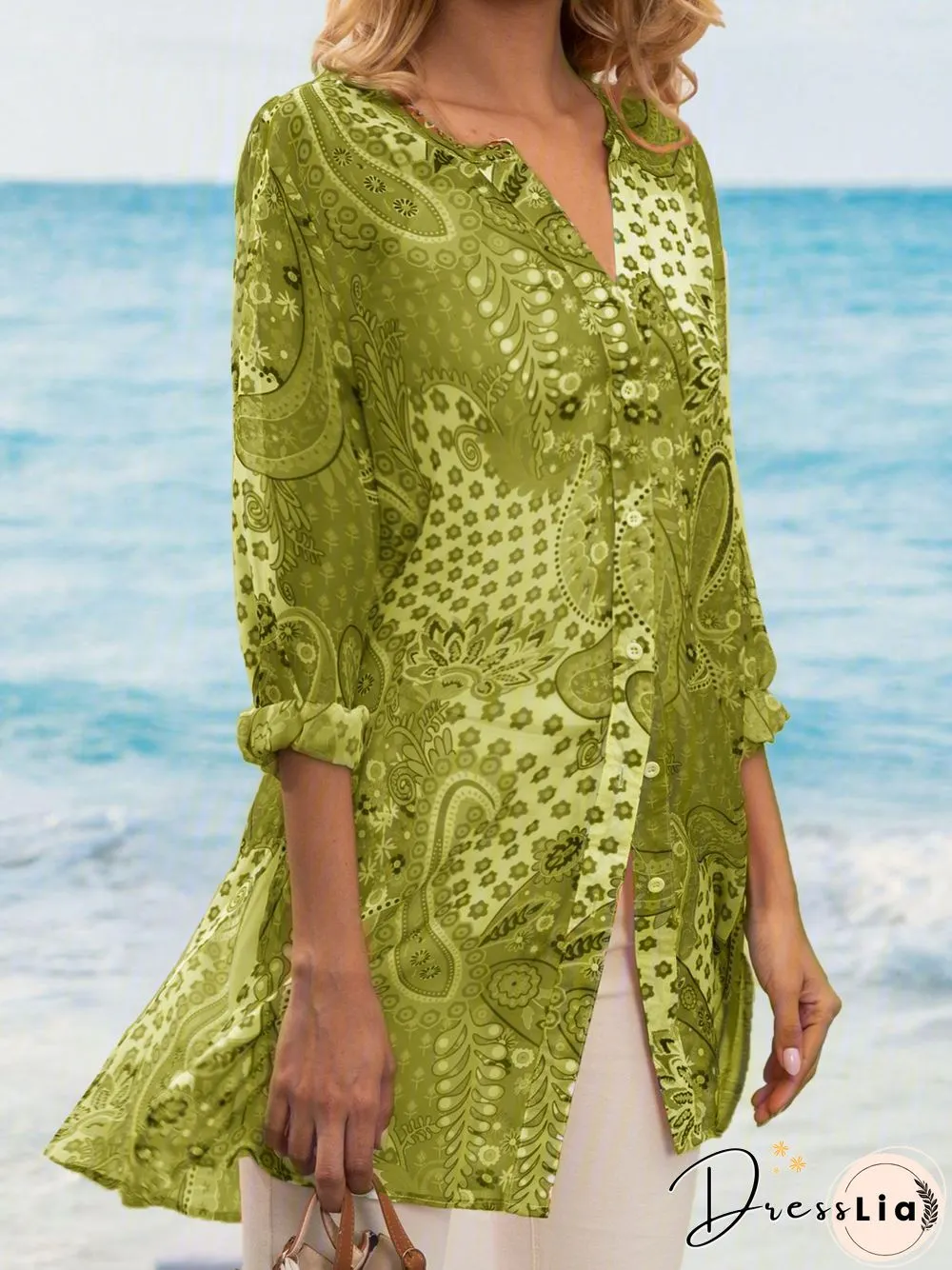 Geometric V Neck Long Sleeve Blouse & Shirts