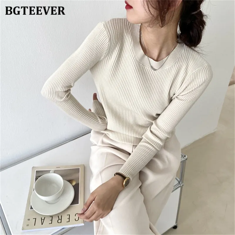 BGTEEVER Fashion New Autumn O-neck Slim Women Sweater 2021 Full Sleeve Stretched Casual Knitwear Skinny Female Knitting Tops
