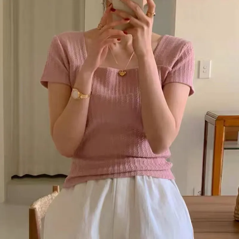 Churchf Churchf Chic Summer French Sweet Square Collar Dew Collarbone Texture Slim Slim Short Knit Jacket Female