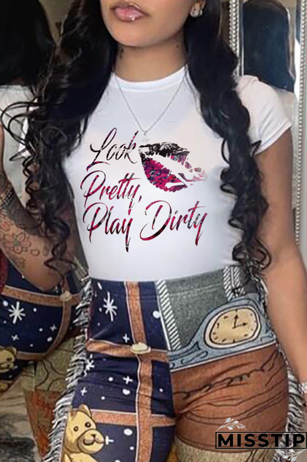 White Casual Vintage Print Letter O Neck T-Shirts