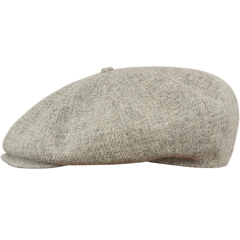PEAKED CAPS Genuine Scottish Harris Tweed 8 Panels Newsboy Cap Apple Bandit Hooligan Blinder Hat Shelby Wool Large Crown Light GRAY