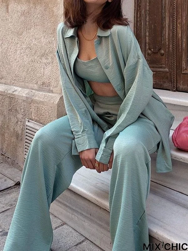 Solid Color Buttoned Lapel Shirts Top +  Pleated High Waisted Straight Leg Pants Bottom Two Pieces Set