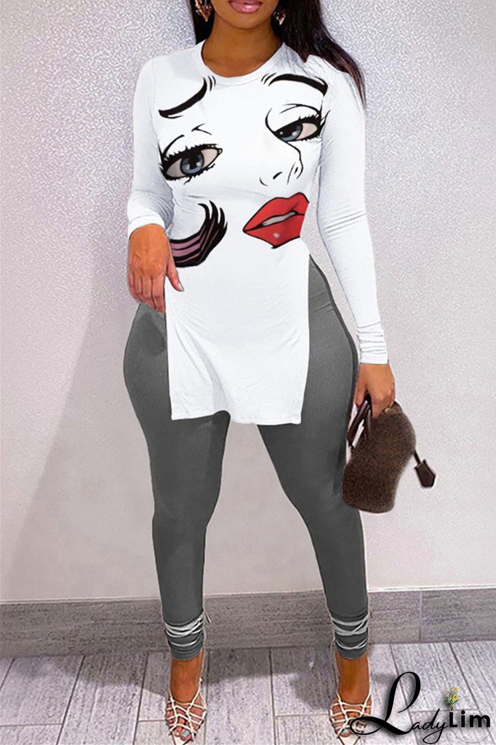 Stripe Fashion Casual Print Slit O Neck Long Sleeve Two Pieces