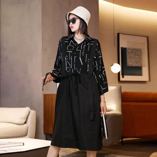 Fashion Loose Lapel Letter Printed Splicing Straps False Two Piece Long Sleeve Dress 