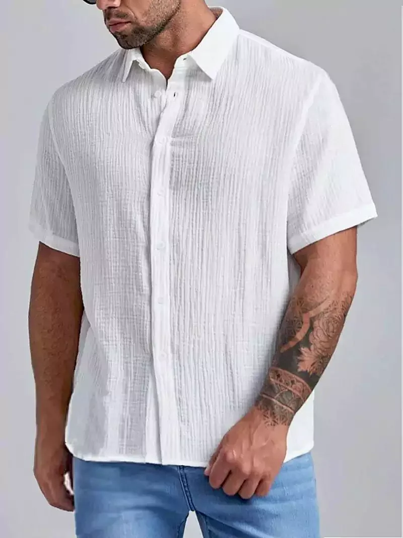 Men's Casual Solid Color Cotton Linen Casual Short Sleeve Shirt letclo 
