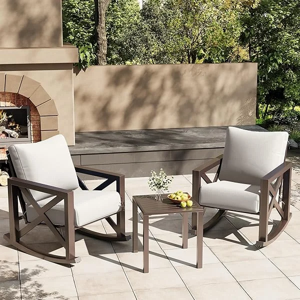 Rocking Chair Outdoor Set 2 with Coffee Table, 3 Piece Metal Rocking Bistro Set with 6.5" Water-Resistant Cushions, 350lbs Heavy-Duty, for Porch, Patio, Balcony