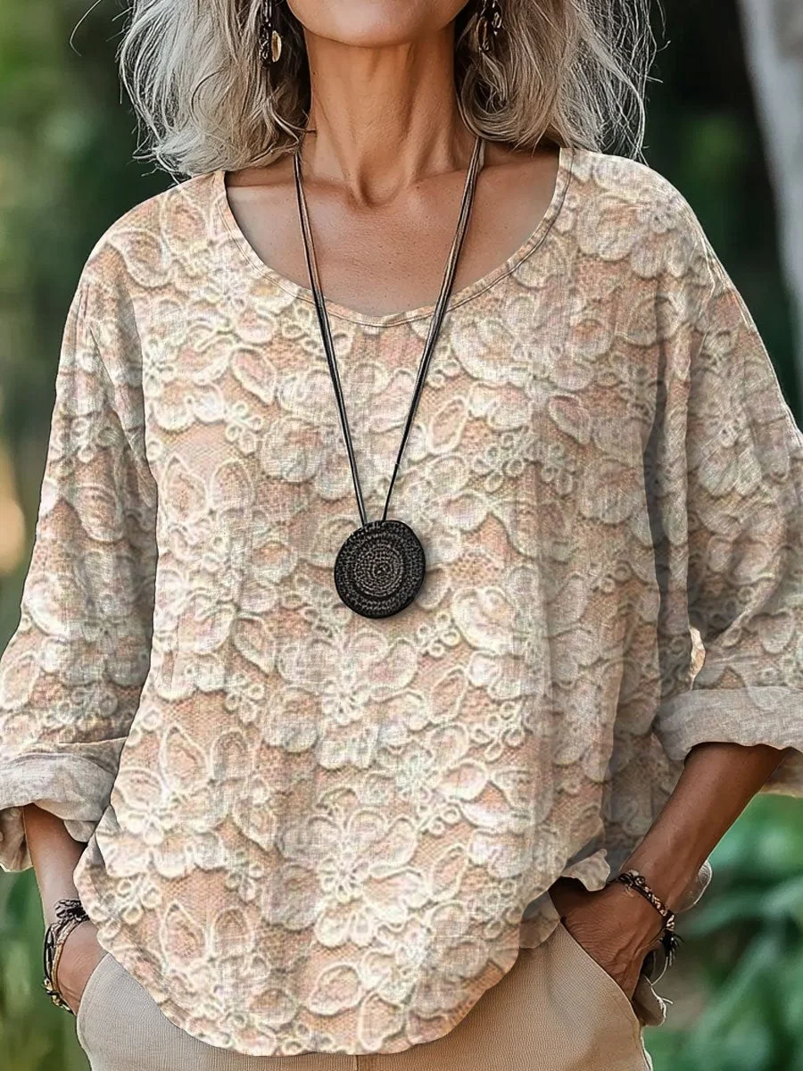 Women's Lace Texture  Art  Print Casual Cotton And Linen Shirt