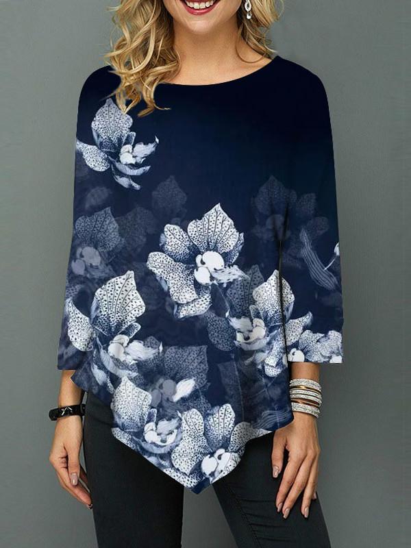 Women Long Sleeve Scoop Neck Floral Printed Graphic Top