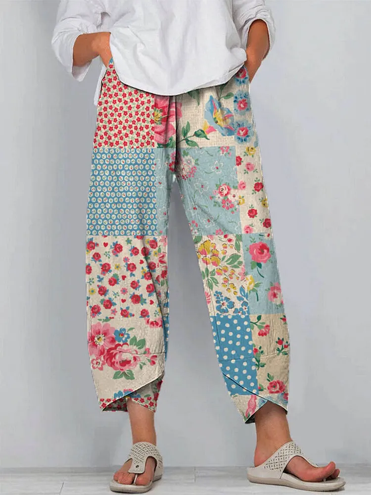 Women's Vintage Floral Art Printed Cotton And Linen Casual Pants