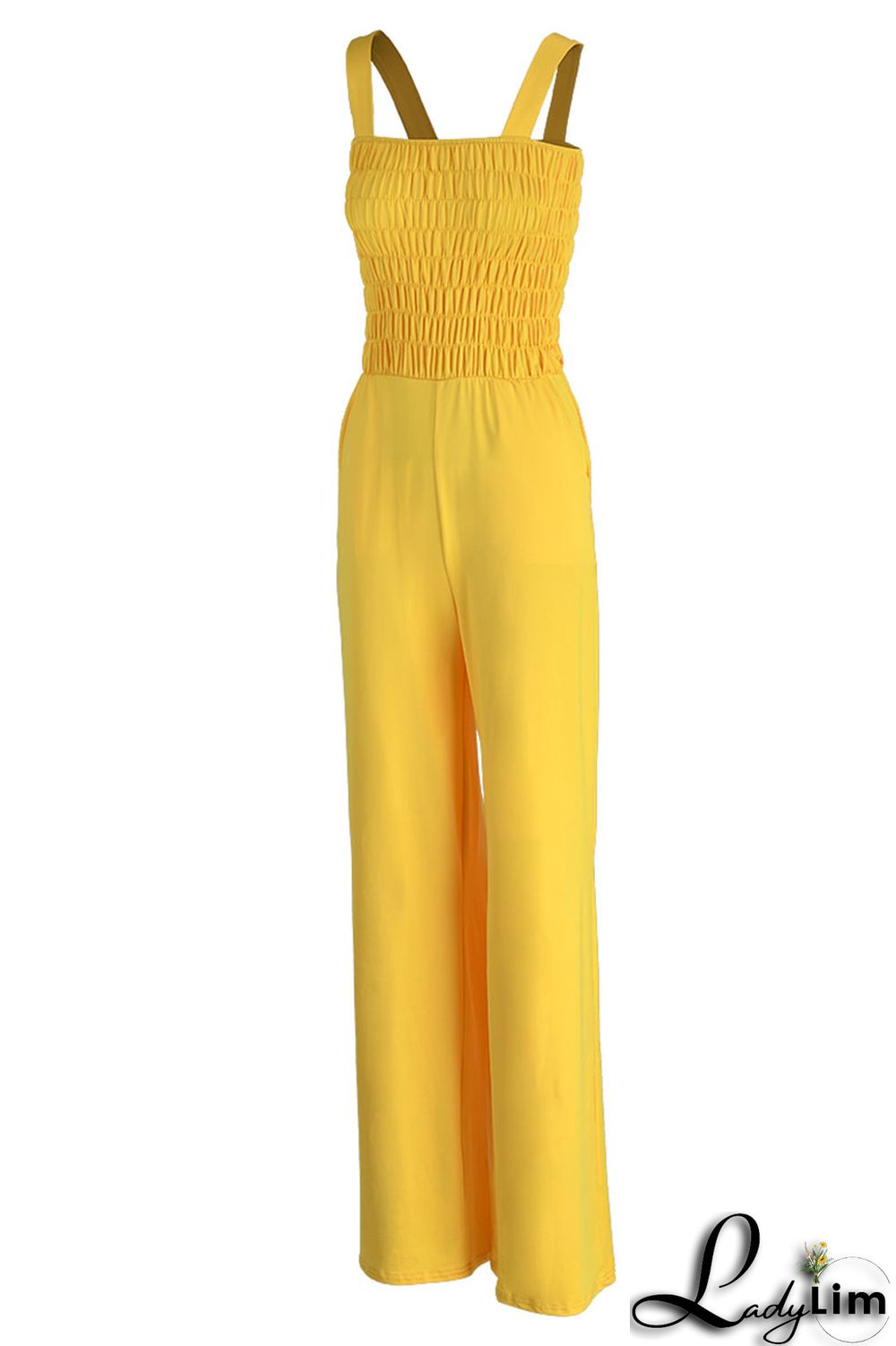 Yellow Street Solid Split Joint Fold Spaghetti Strap Straight Jumpsuits