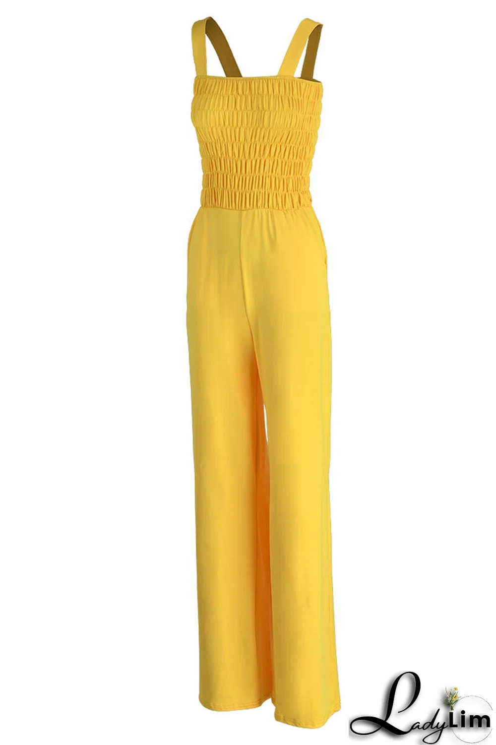 Yellow Street Solid Split Joint Fold Spaghetti Strap Straight Jumpsuits