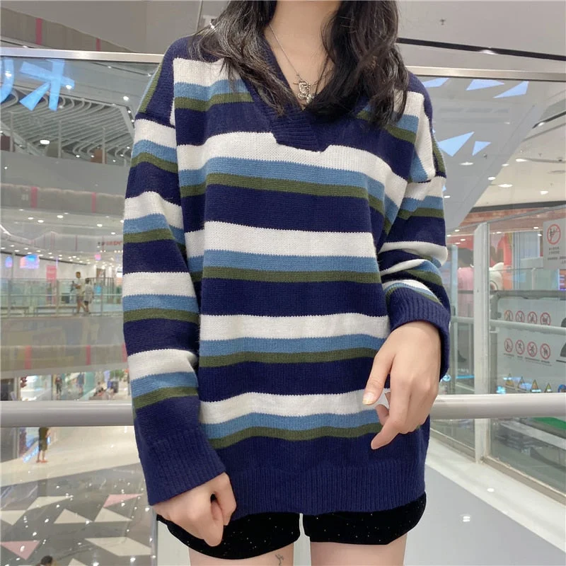 Autumn Chic Stylish Ladies Pullovers Soft Knitted Ins Harajuku Jumper V-Neck Knitted Sweaters Women Loose Striped Tops