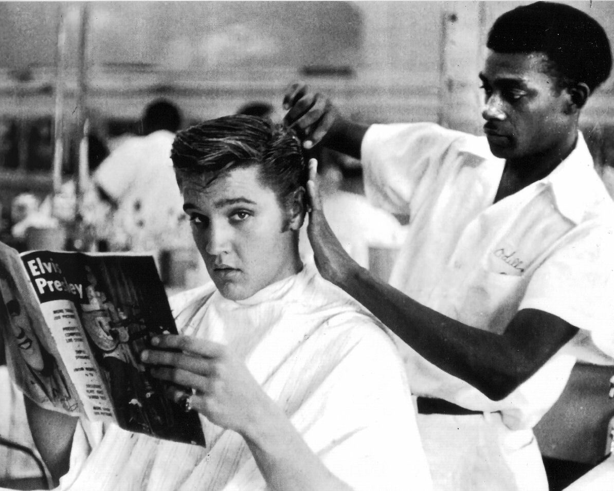 ELVIS PRESLEY GETTING HAIRCUT at JIM’S BARBER SHOP IN MEMPHIS 11x14” Photo Poster painting