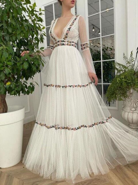 Embroidery Dots Flare Sleeve Mesh Prom Dress BE702
