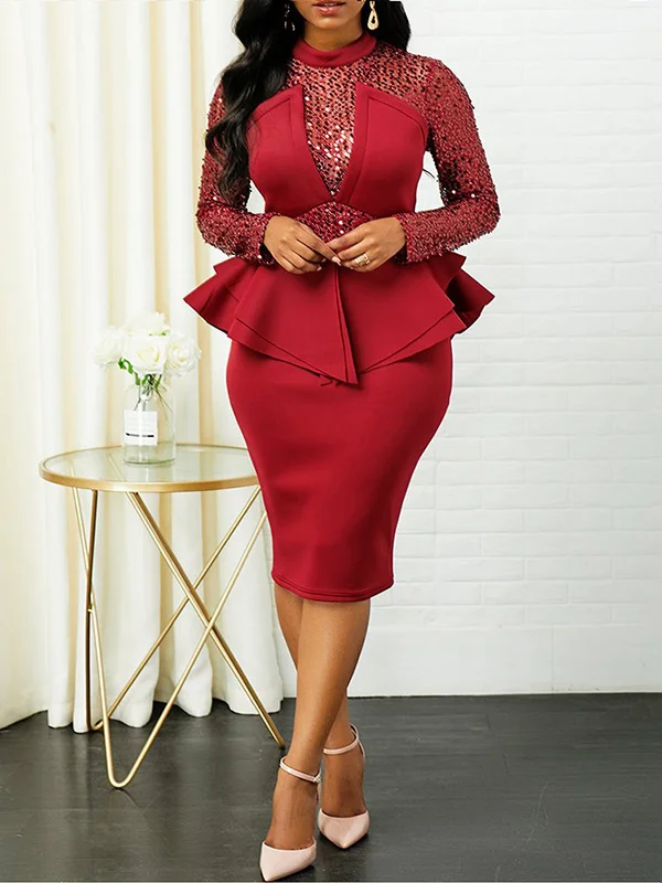Round-Neck Long Sleeve Beaded Decorate Top&Wrap Skirt Two-Piece Suit