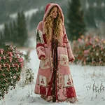Women's Patchwork Floral Christmas Tree Print Plush Hooded Coat - Image 2
