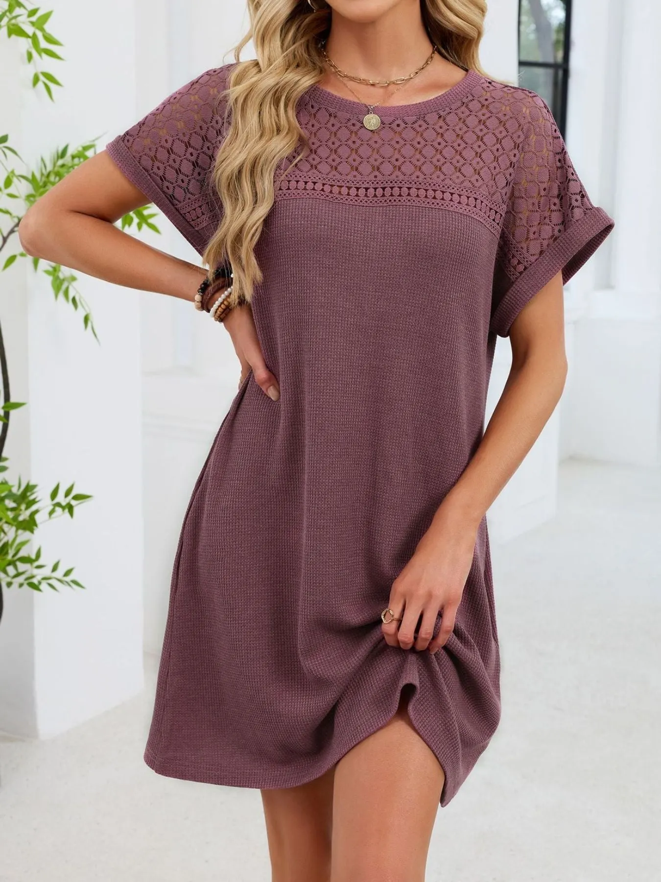 Lace Round Neck Short Sleeve T-Shirt Dress mysite idetrend