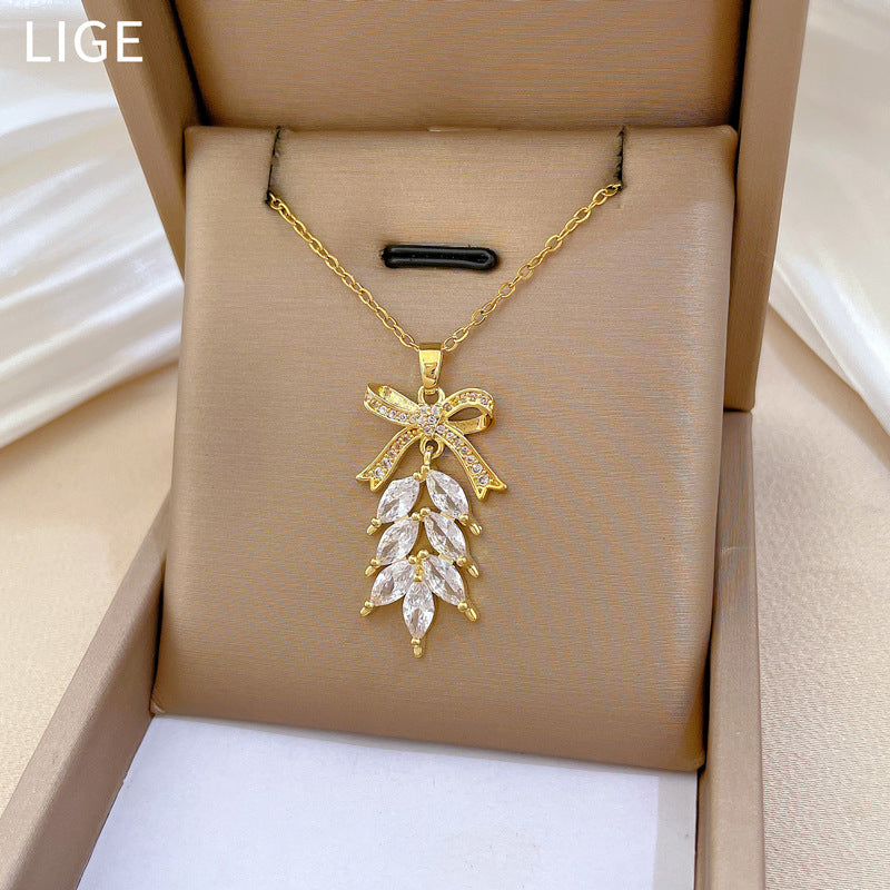 Tassel Bowknot Full Diamond Gorgeous Full Diamond Necklace Women'S Versatile Clavicle Chain Titanium Steel