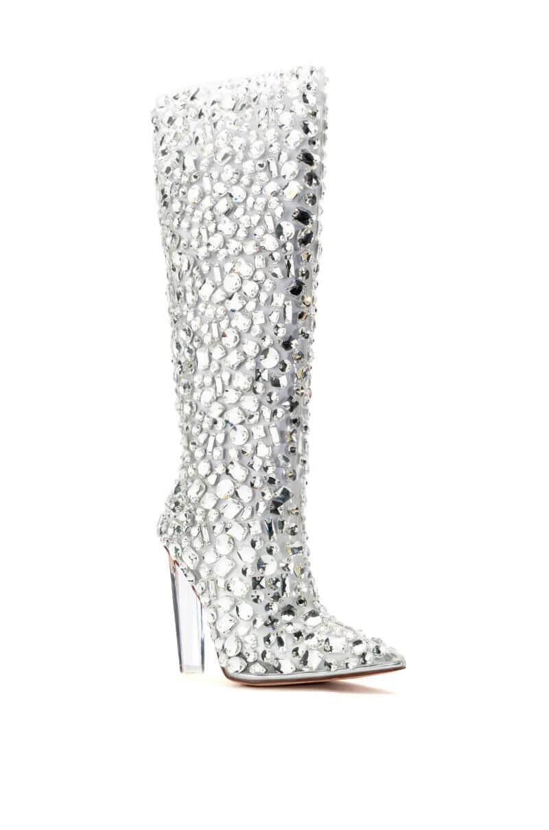 VCSHOES Crystal Inlay High Heels Boots Women Transpartent Pointy Sparkly Knee High Boots Ladies High Heel Shoe