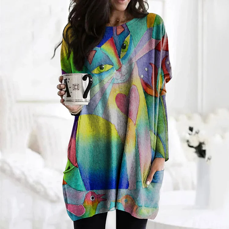 Wearshes Heart Abstract Cat Print Crew Neck Casual Tunic