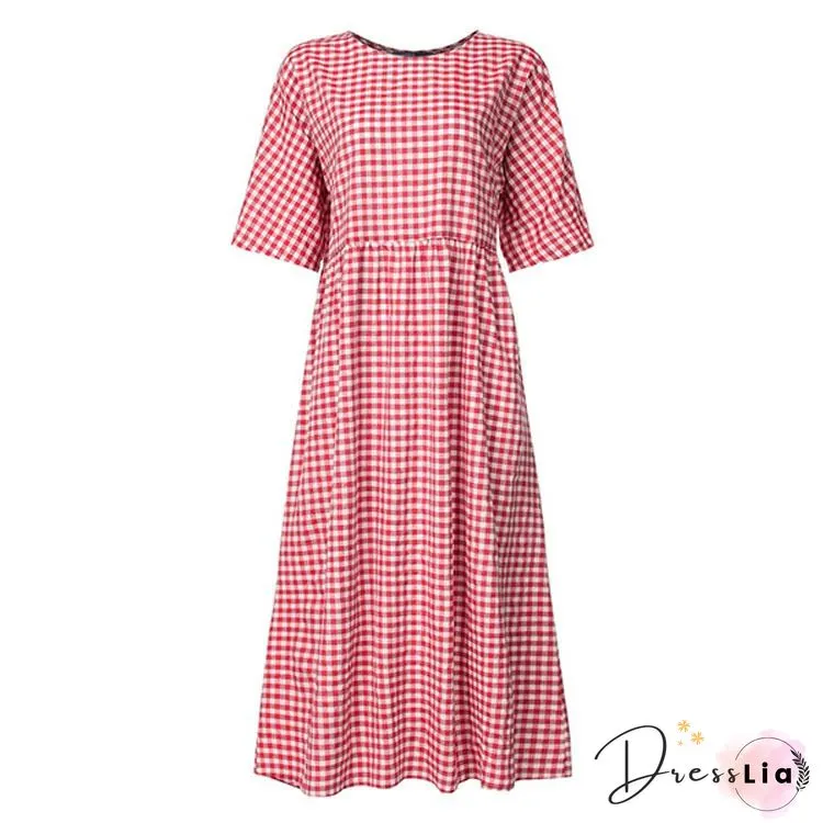 Elegant Lapel High Waist Ladies Cotton Linen Dress Fashion Commuter Plaid Print Tie-Up
