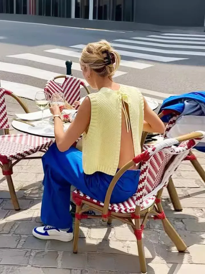 Churchf Churchf Women's 2024 New Yellow Round Collar Exposed Back Strap Round Collar Woven Vest