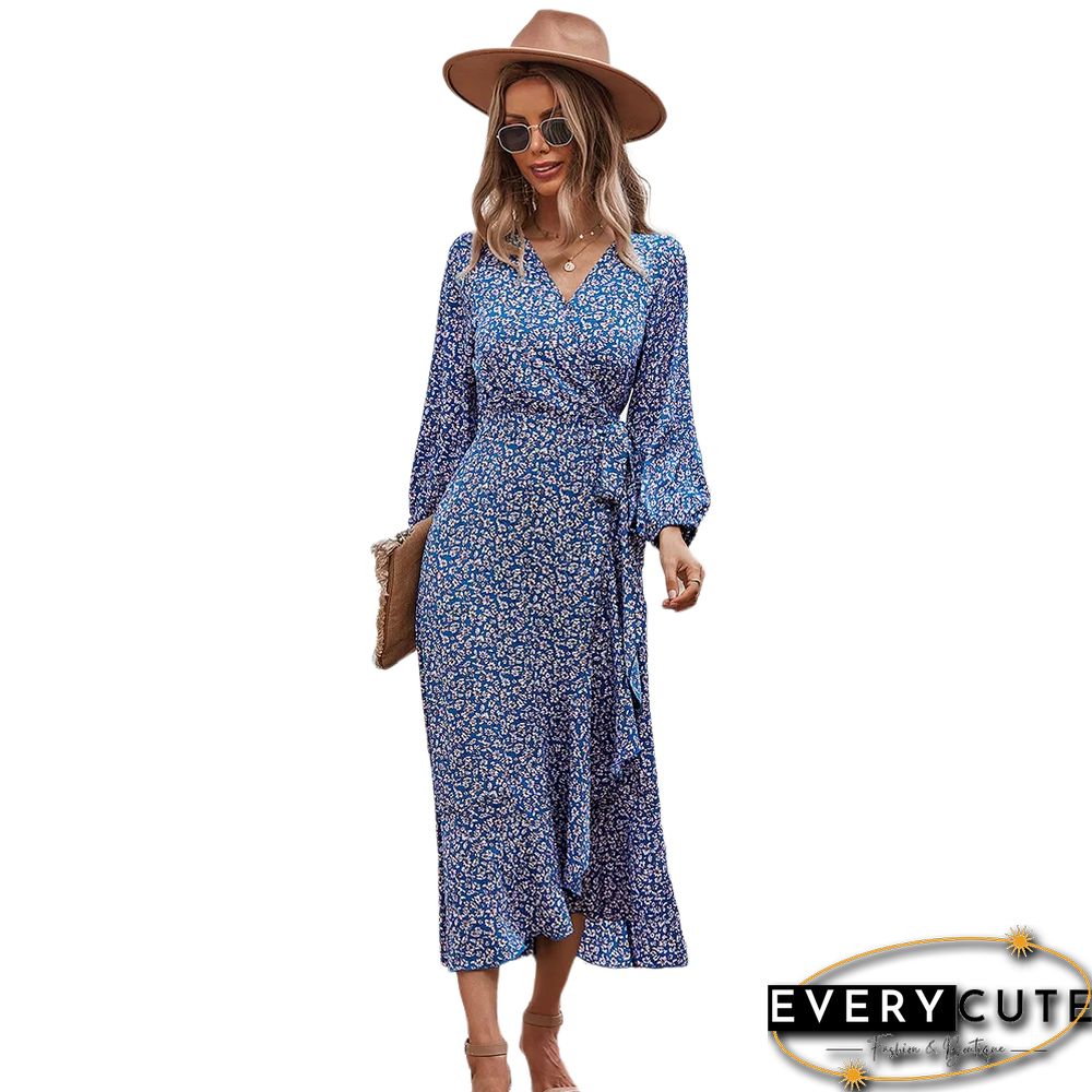 Blue Tie Waist Ruffle Swing Floral Dress