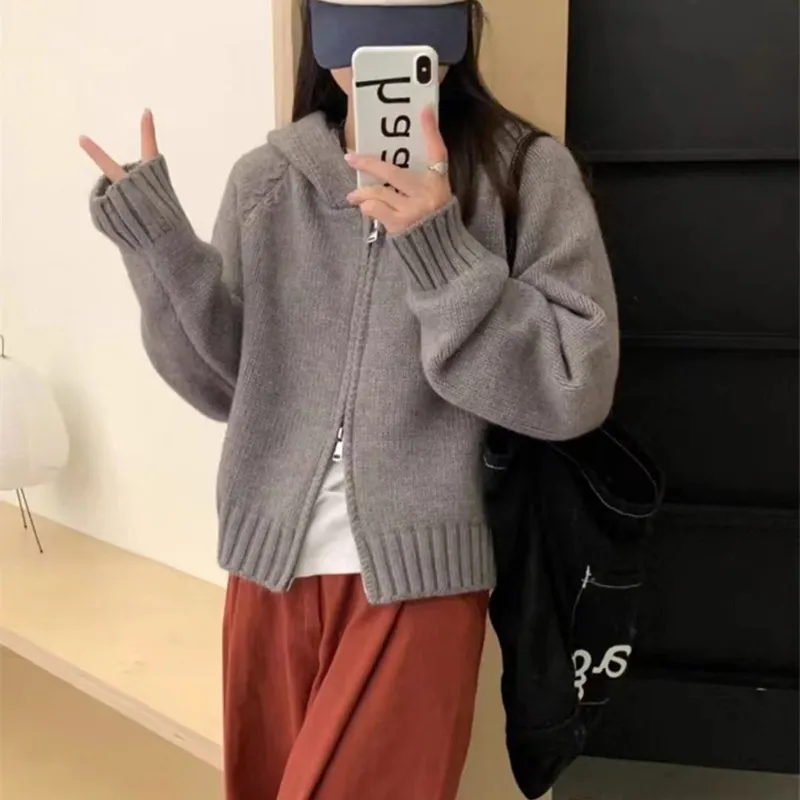 Churchf Churchf Style Multi-Color Hooded Double Zipper Knit Cardigan Women's New Short Hair Sweater Hoodie Autumn And Winter Small Coat