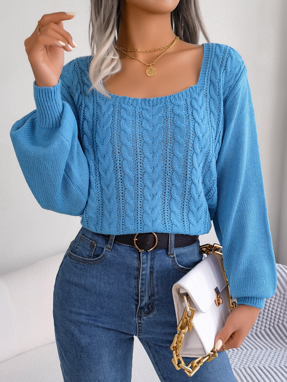 Retro Knit Sweater Women Pullover Casual Square Neck Sweater for Women Jumper Tops