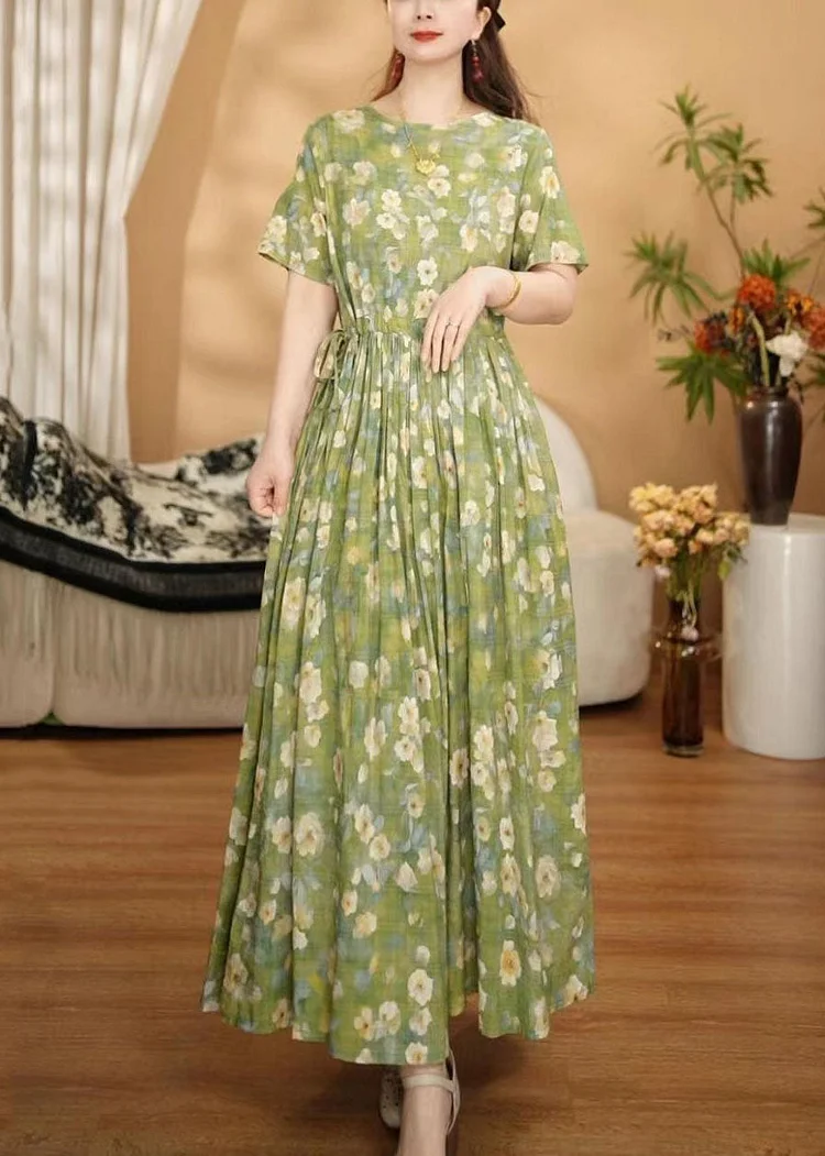 Women Grass Green Cinched Floral Print Cotton Ankle Dress Summer