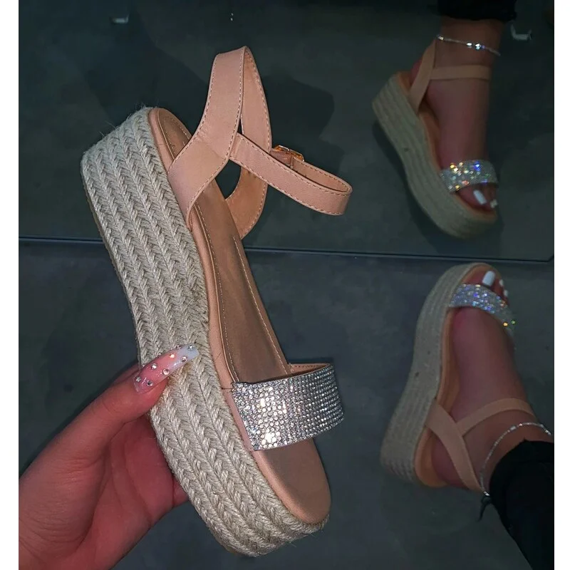 Dropshipping Summer 2020 Women Hemp High Heel Platform Outdoor Leisure Buckle Slippers Beach Sandals Ladies Sexy Biling Sandals