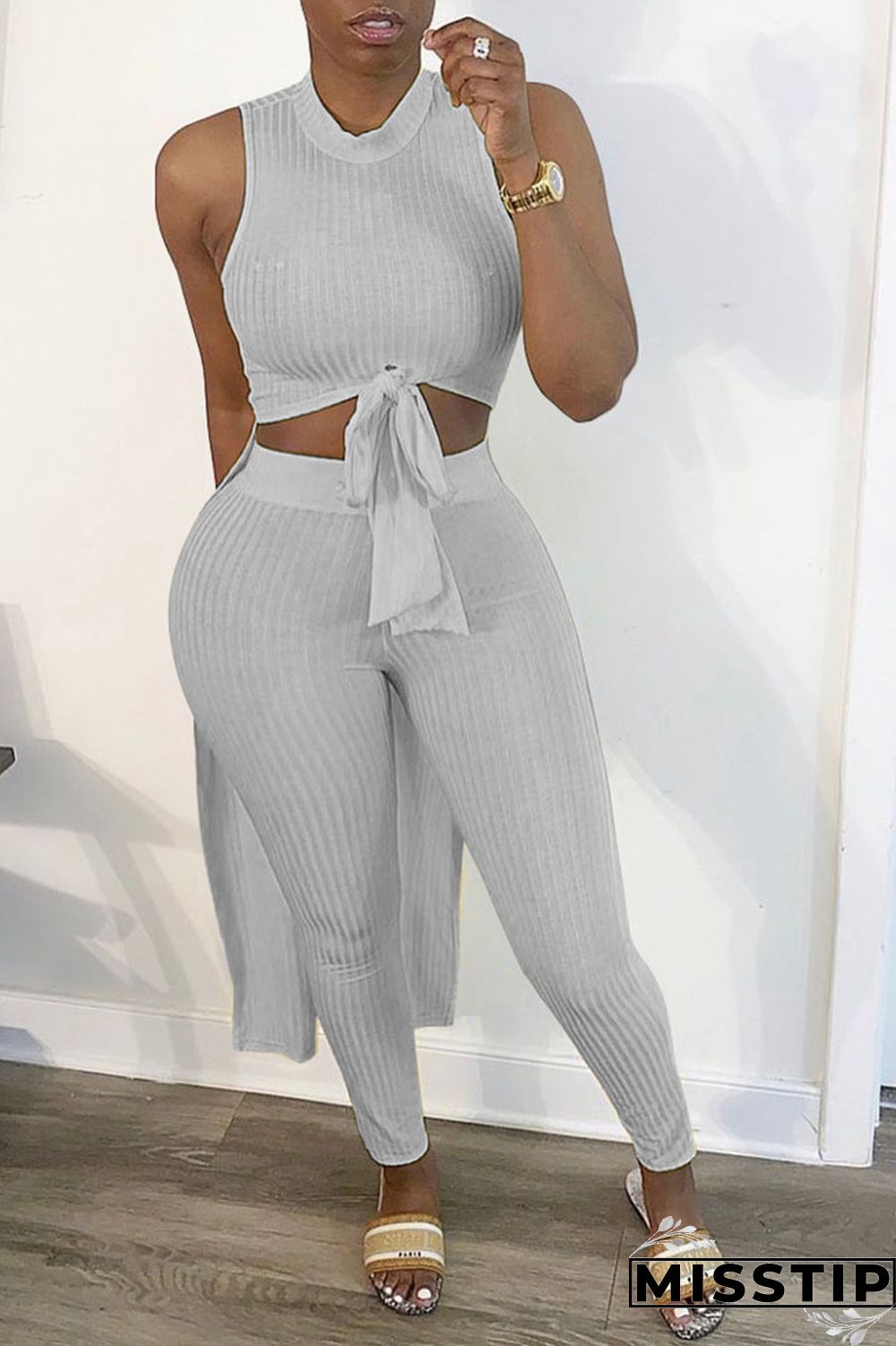 Grey Sexy Solid Asymmetrical O Neck Sleeveless Two Pieces