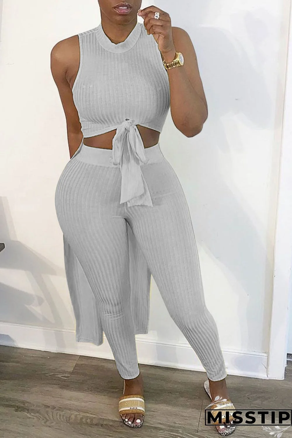 Grey Sexy Solid Asymmetrical O Neck Sleeveless Two Pieces