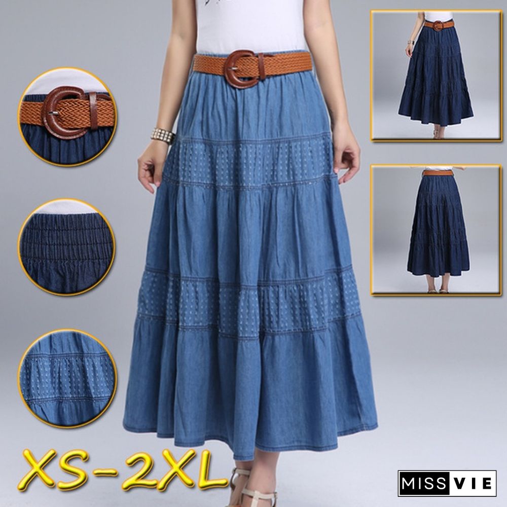 Women Summer Denim Skirts High Waist Plus Size Long Skirt Vintage Solid Color A-Line Jean Skirt With Belt Spring