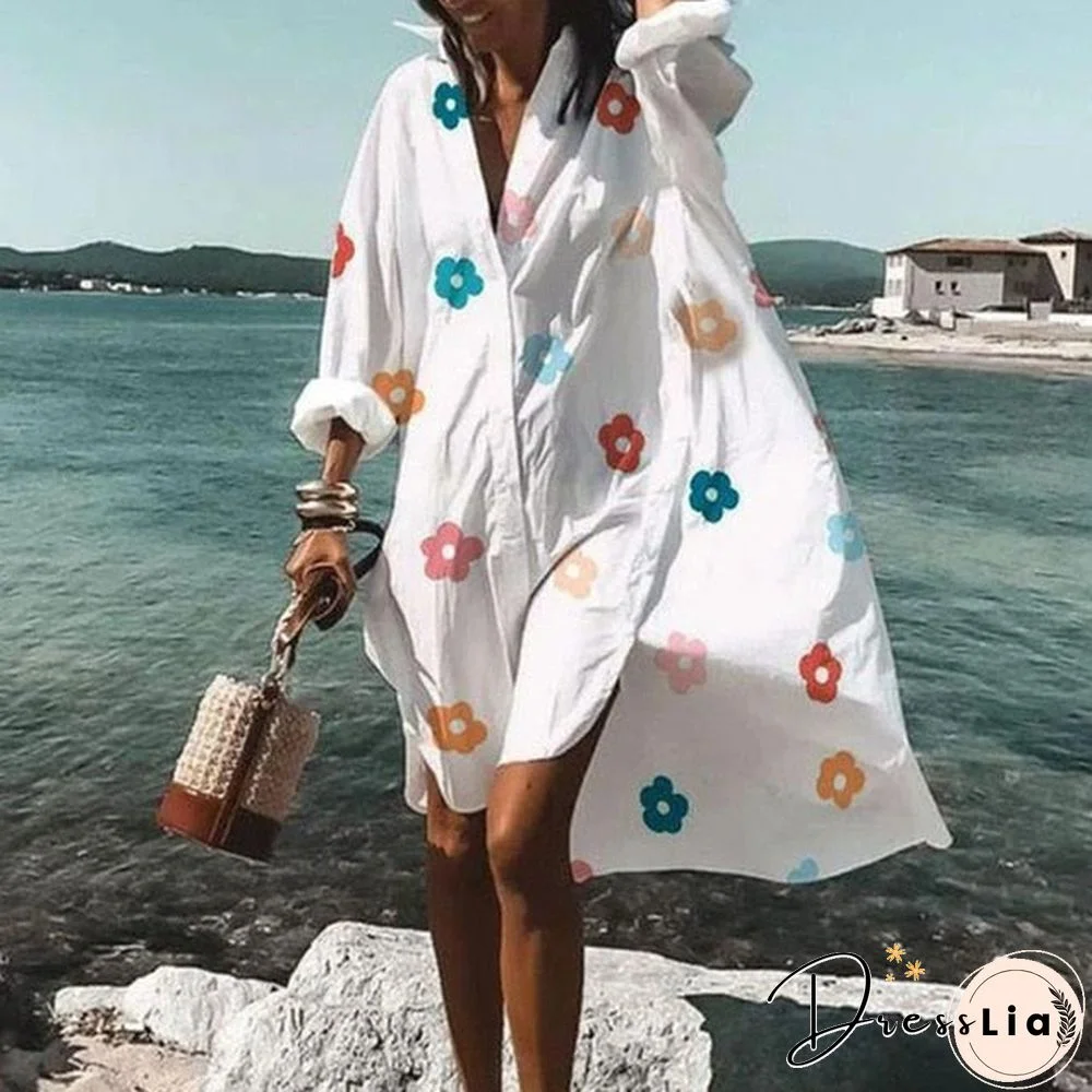 New Fall Summer Women V Neck Button Print Dress Casual Elegant Long Sleeves Irregular Shirt Dress Loose Sexy Beach Party Dresses