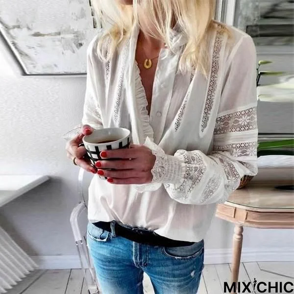 Women Ruffles Blouse Autumn V Neck Long Sleeve Buttons Down Shirt Lace Crochet Hollow Out Solid Tops