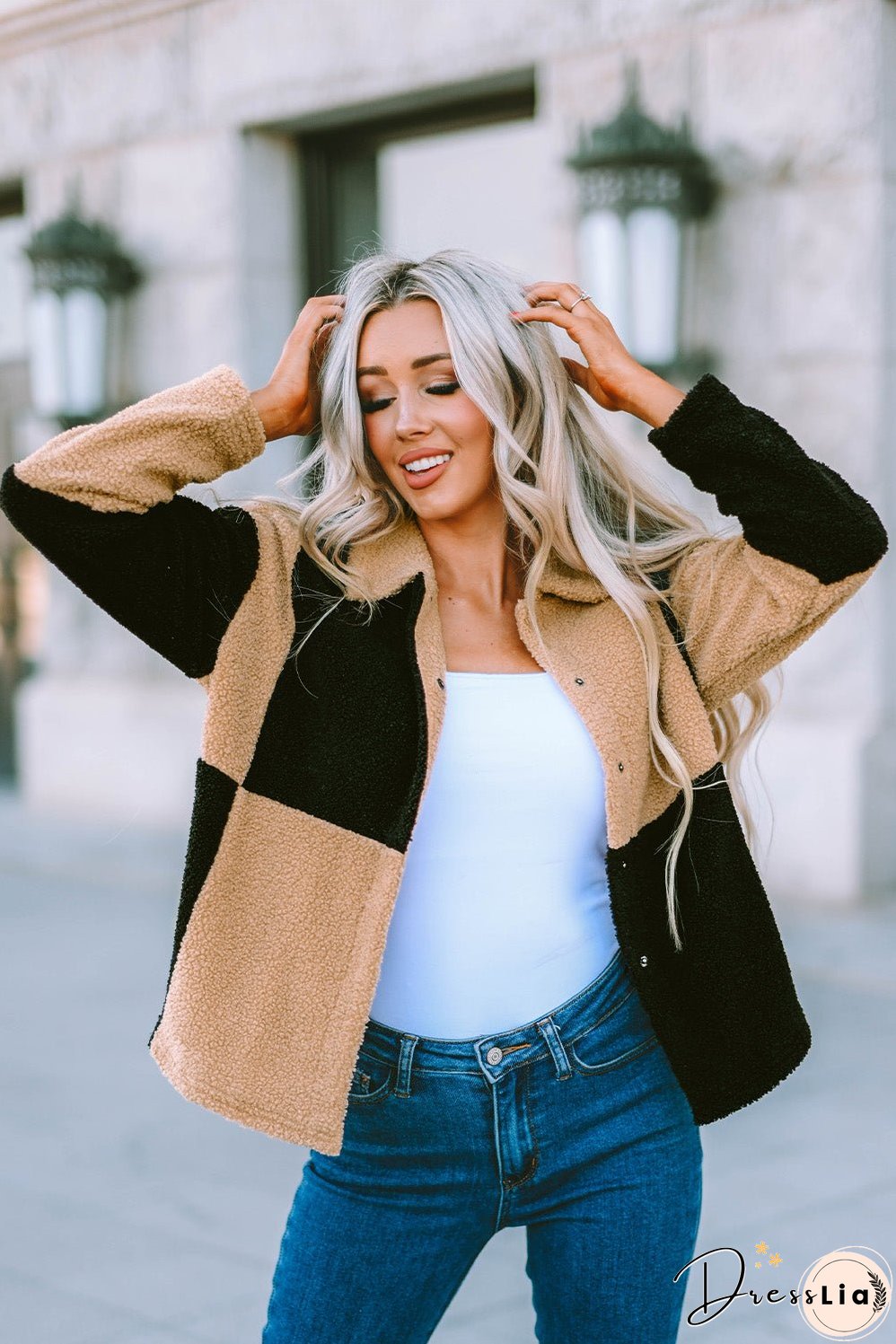 Colorblock Checkered Sherpa Jacket